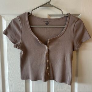 Brandy Melville Button-Up Ribbed Crop Top - Tan